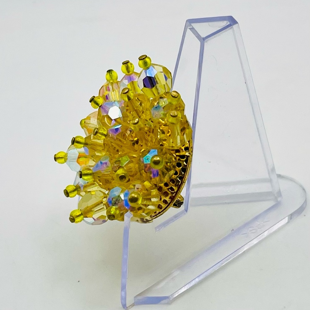 RELISTED Vintage Lemon Yellow Faceted Rhinestone and Brass Flower Brooch - Picture 6 of 14